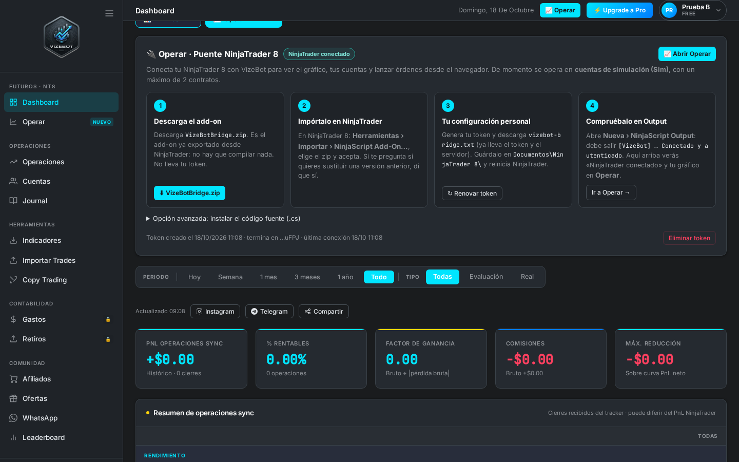 Sección del panel de VizeBot para conectar NinjaTrader: descarga del add-on, token personal y guía en 3 pasos